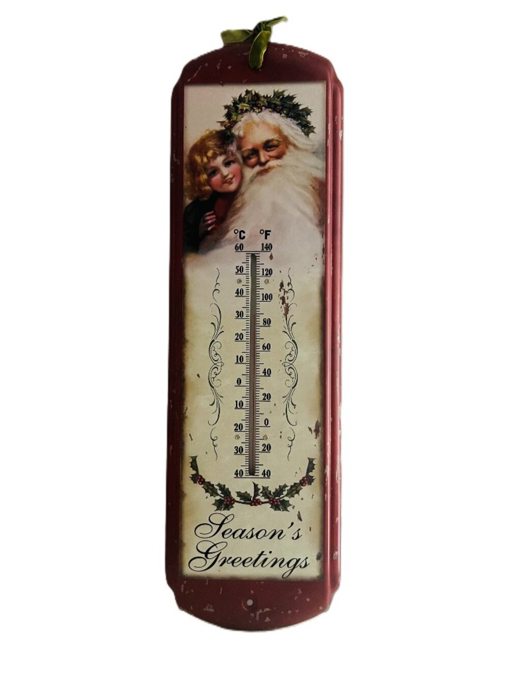 Vintage Style "Season's Greetings" Santa Claus Tin Wall Thermometer